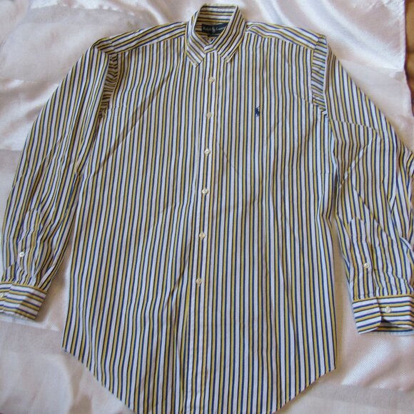 Ralph Lauren Men Shirt, White/yellow/Navy, sz. 15(M), cotton, Stripped - Picture 1 of 6